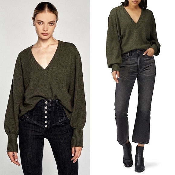 MARISSA WEBB Luxe Cashmere Blend Slouchy V-Neck Sweater in Heathered Olive Sz XS - Picture 1 of 12
